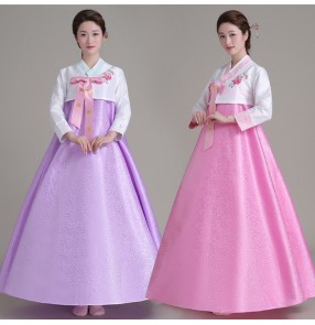 Light pink purple violet red hanbok korean women's ladies female stage performance vintage style traditional cos play folk dance costumes dresses 